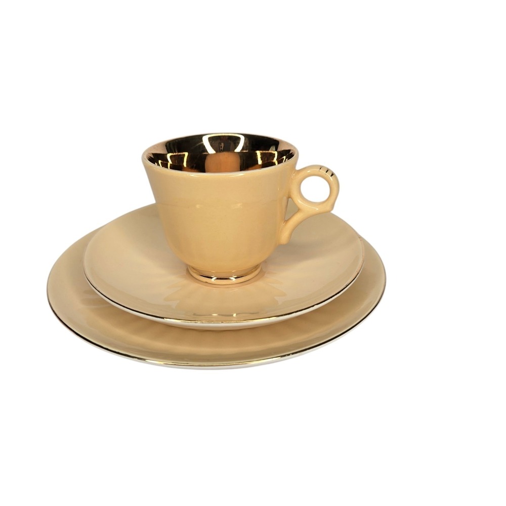 Vtg Figgjo Flint Norway Yellow Demitasse Cup Saucer Dessert Plate Gold Gilt MCM